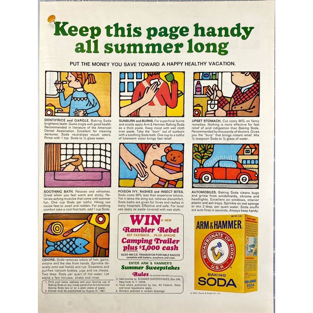 Arm & Hammer Baking Soda "Summer Sweepstakes" Vintage Print Ad 1967